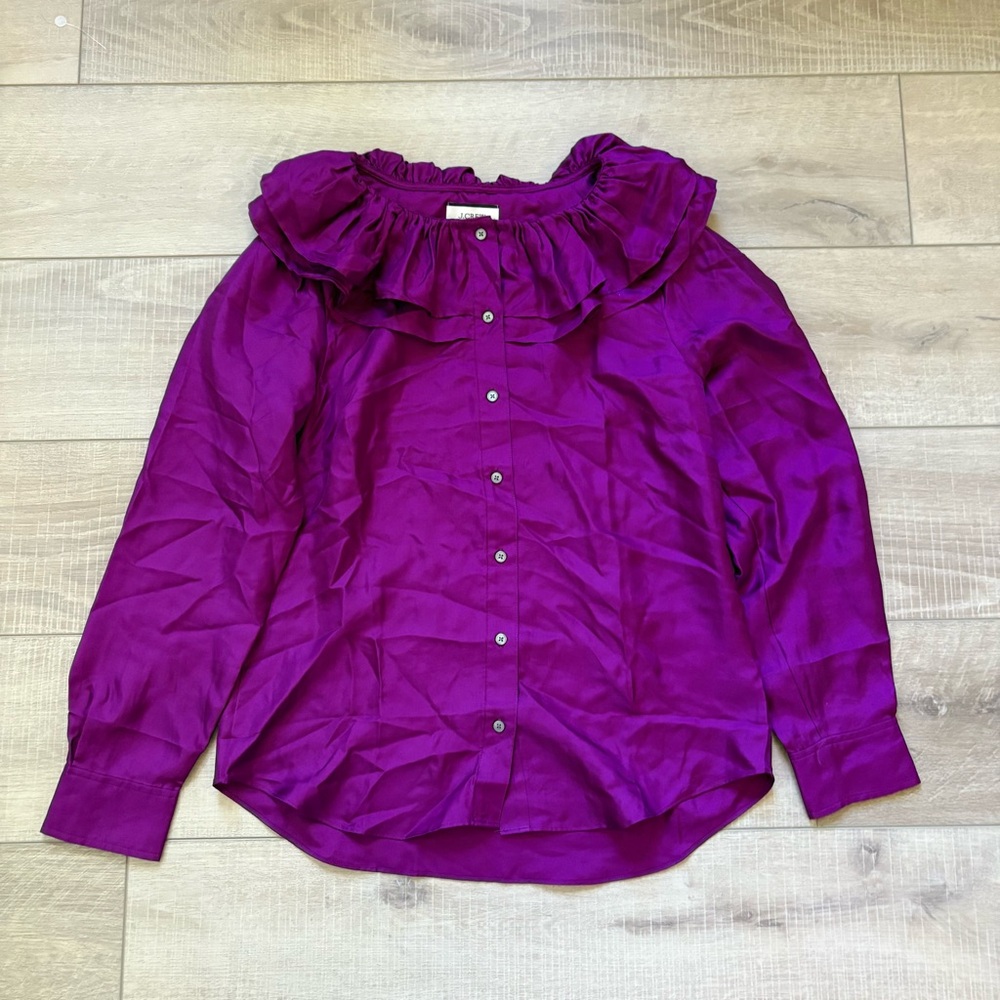 J. Crew Collection Silk Purple Blouse with Ruffle Neckline - Picture 2 of 12